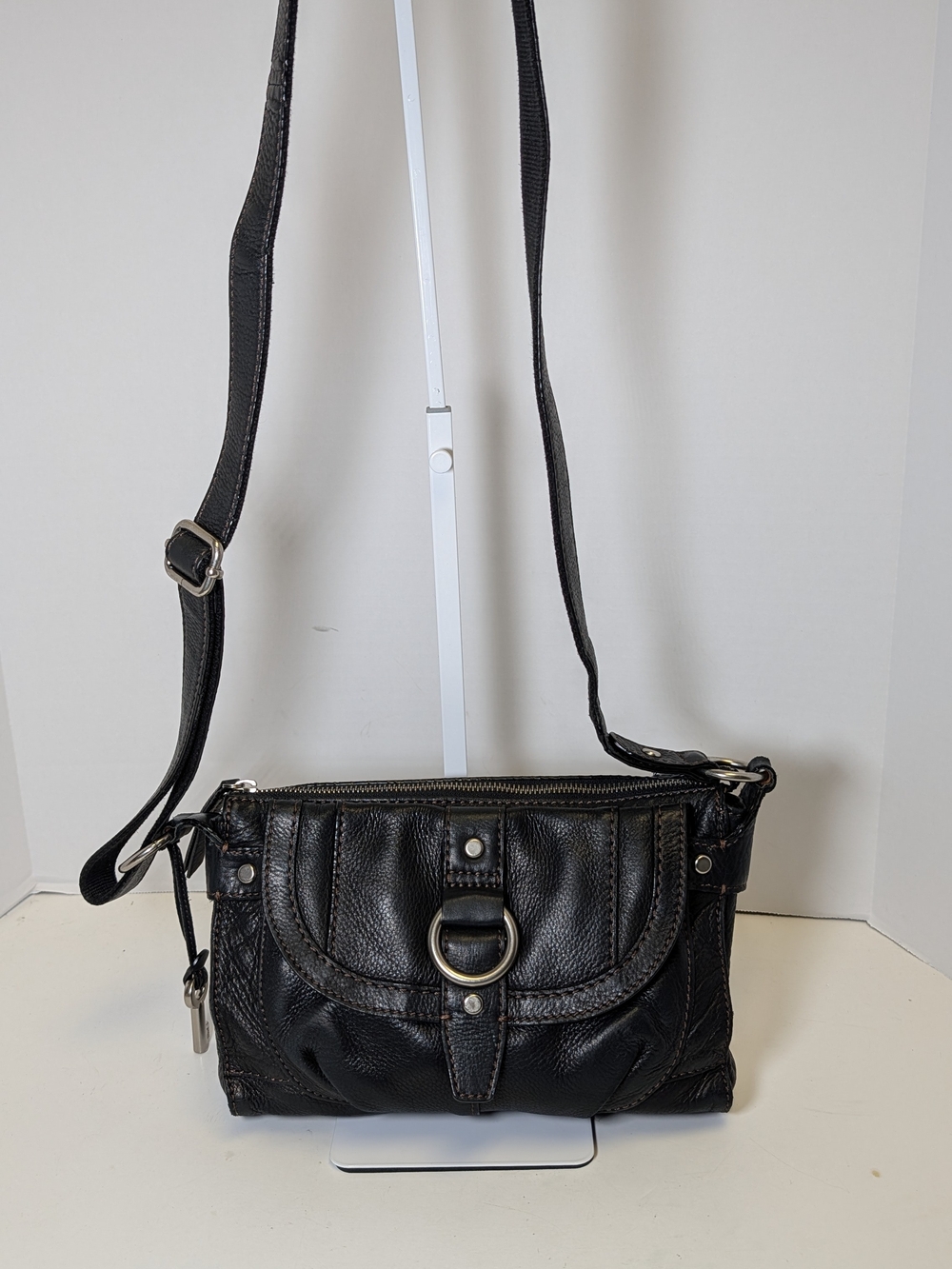 Fossil Black Leather Crossbody with Ring Accent and Flap